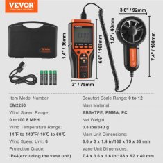 VEVOR Anemometer EM2250 188x92x40 mm Črn