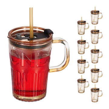 Northix Set 10 kozarcev z ročaji, pokrovi in slamico