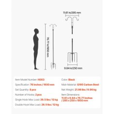 VEVOR Dvojni zunanji vrtni obešalnik Shepherds Hooks 295x250x1950 mm Črn