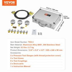VEVOR Komplet za hidravlično testiranje 320x240x90 mm 3 merilniki 9 spojk 3 cevi