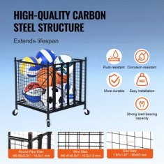 VEVOR Voziček za shranjevanje športnih žog zaklepna kletka z elastičnimi trakovi jekleni na kolesih