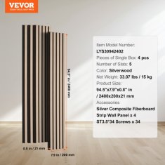 VEVOR Akustični stenski panel 2400x200x21 mm srebrno leseni