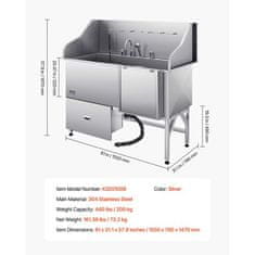 VEVOR Postaja za pranje psov 1549 cm Kad za nego hišnih ljubljenčkov 155x79x147 cm Srebrna
