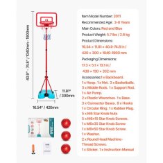 VEVOR Košarkarski obroč nastavljive višine 42x30x104-190 cm rdeče in modre barve