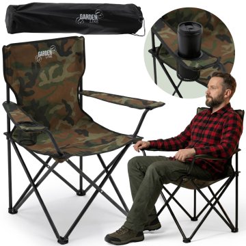 GARDEN LINE Zložljiv turistični stol, ribiški stol v kamuflažnem vzorcu, 50x50x80 cm, z držalom za skodelico + zaščitni prevlek