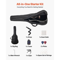 VEVOR Akustična kitara Dreadnought začetni komplet 10414 mm črna