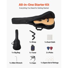 VEVOR Akustična kitara Dreadnought začetni komplet 99x36.6x9.5 cm naravna