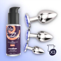 Crushious Komplet analnih čepov Crushious - Bijou Wet Train Trio, z modrim kristalom