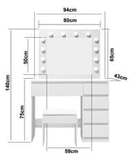 Aga Toaletna miza z ogledalom, osvetlitvijo in el.vtičnica + taburet Mat bela