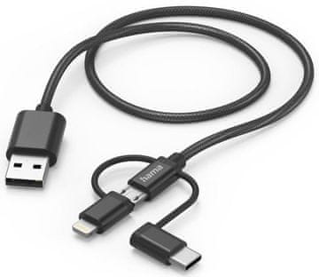 Hama HAMA adapter 3v1 USB-A - microUSB/USB-C/Lightning kabel 1,5 m črne barve