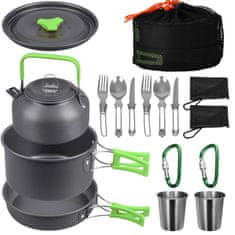 GARDEN LINE Komplet potovalnega posodja, kamping komplet, lonec, čajnik, jedilni pribor v torbi 18in1