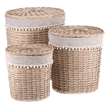Autronic Komplet 3 ovalnih pletenih košev za perilo s pokrovom in sivo podlogo, naravni ton