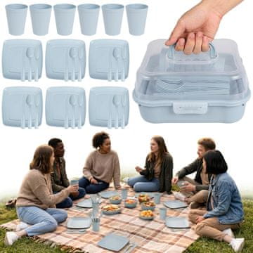 GARDEN LINE Modri piknik set, komplet potovalnega posodja v kovčku – 32 kosov
