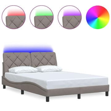 Vidaxl Posteljni okvir z LED osvetlitvijo brez vzmetnice taupe 140x190 cm blago