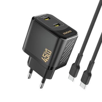DUDAO Mrežni polnilnik z 2xUSB-C in kablom USB-C GaN PD 45 W – črn
