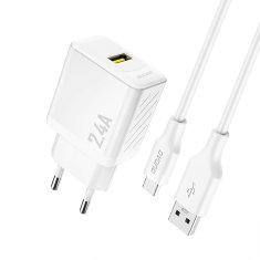DUDAO Stenski polnilnik USB-A s kablom USB-A - USB-C 2,4 A GaN - bel