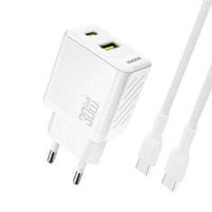 DUDAO Stenski polnilnik USB-A USB-C s kablom USB-C GaN PD 30W - bel