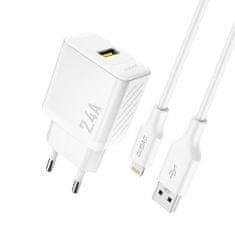 DUDAO Stenski polnilnik USB-A s kablom USB-A - iPhone Lightning 2.4A GaN EU - bel