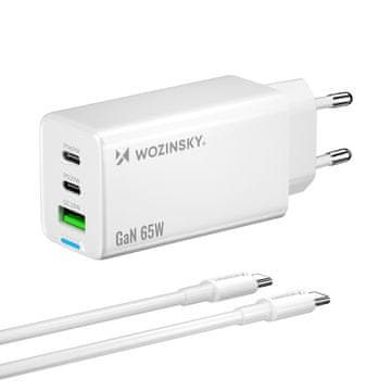 WOZINSKY GaN omrežni polnilnik USB-A/USB-C s kablom USB-C, 65 W – bel