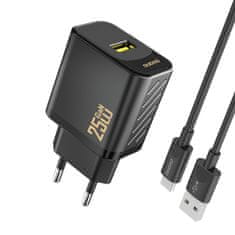 DUDAO Stenski polnilnik USB-A s kablom USB-A - USB-C GaN 25W - črn