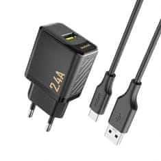 DUDAO Stenski polnilnik USB-A s kablom USB-A - USB-C 2,4A GaN - črn