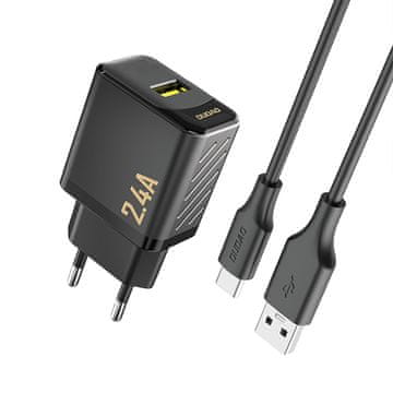 DUDAO Mrežni polnilnik USB-A s kablom USB-A – USB-C 2,4 A GaN – črn
