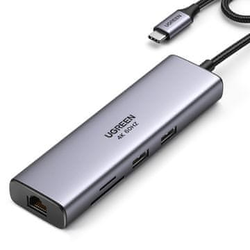 Ugreen Adapter HUB USB-C - USB-A / HDMI / RJ45 / čitalnik SD in TF kartic / USB-C PD 100W - siv