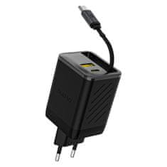 DUDAO Stenski polnilnik USB-A USB-C GaN 67W z zložljivim kablom USB-C PD QC - črn