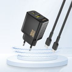 DUDAO Stenski polnilnik USB-A USB-C GaN PD 30W - črne barve