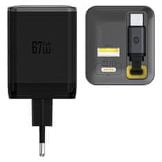 DUDAO Stenski polnilnik USB-A USB-C GaN 67W z zložljivim kablom USB-C PD QC - črn