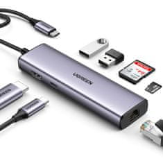 Ugreen HUB adapter USB-C – USB-A / HDMI / RJ45 / čitalnik kartic SD in TF / USB-C PD 100 W – siv
