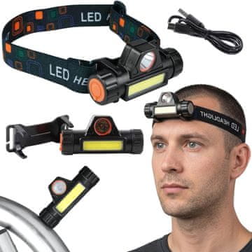 GARDEN LINE Močna dvofunkcijska LED-čelna svetilka, vojaška čelna svetilka, akumulatorska USB