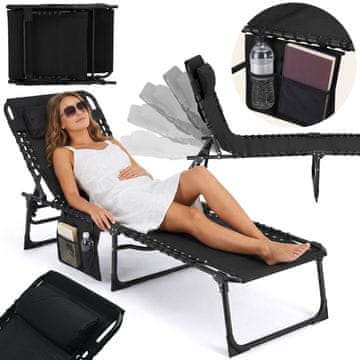 GARDEN LINE Črn vrtni ležalnik z naslonjalom za glavo in žepom, ležalnik, plažni stol 190x58x30cm