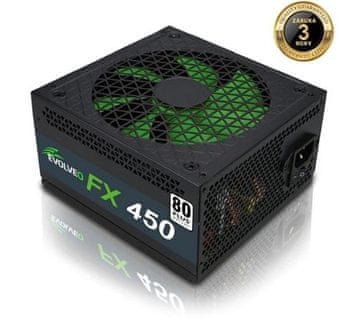 Evolveo Napajalnik FX 450, 450W, 80+ White, ATX 2.2, 1× PCIe, aPFC, 140mm ventilator, 4x SATA, črn, 3 leta garancije, bulk