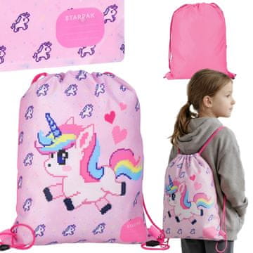 STARPAK Pixel Unicorn Roza, dekliška torba za športne čevlje, šolska torba z ramenskim pasom za otroke, torba-nahrbtnik 38x33 cm