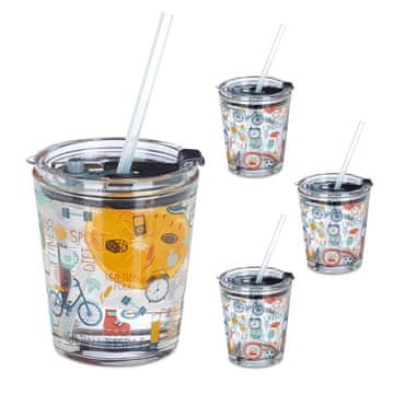 Northix Set 4 steklenih skodelic 350 ml s športnimi motivi in pokrovi