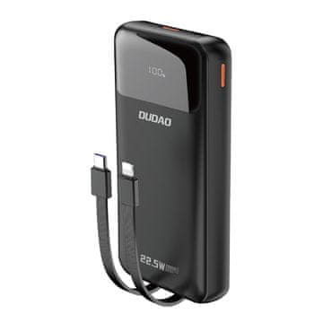 DUDAO Powerbank 20.000 mAh, 22,5 W PD, USB-C, USB-A z vgrajenimi kabli za iPhone Lightning in USB-C – črn