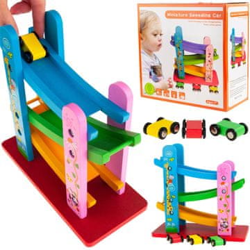 TOP GIFT TG67015 Lesena avtomobilska steza s toboganom, 3 avtomobilčki, 3 nivoji