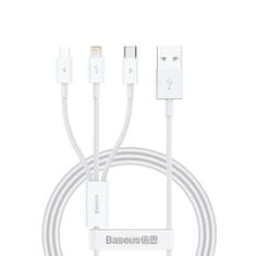 BASEUS 3-v-1 kabel Superior Series USB-A – USB-C / iPhone Lightning / micro USB 3,5 A, 0,5 m – bel