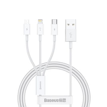BASEUS 3-v-1 kabel Superior Series USB-A – USB-C / iPhone Lightning / micro USB 3,5 A, 0,5 m – bel