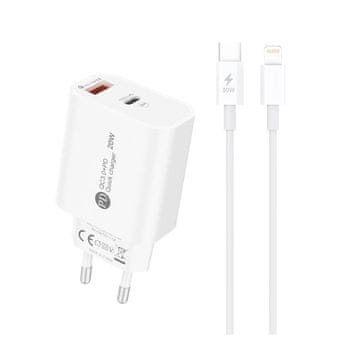 HURTEL 20 W omrežni polnilnik z vtičnico USB-A in USB-C s kablom USB-C – iPhone Lightning 1 m – bel