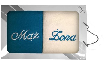 shumee Komplet ręczników w pudełku 2szt 70x140 Mąż-Żona turkusowy kremowy