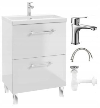 shumee Kopalniška omarica z umivalnikom, pipo in sifonom 60x80cm, samostoječa, bel sijaj Cassandra