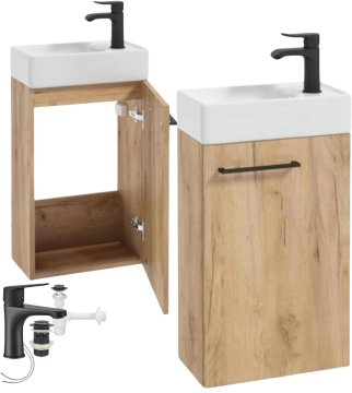 shumee Stenska kopalniška omarica z umivalnikom iz hrastovega lesa 60x40 in črno majhno pipo