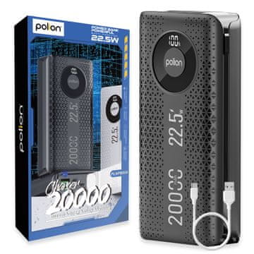 shumee Prenosna baterija 20000 mAh 22,5 W USB-C USB-A Lightning LCD PD QC hitro polnjenje