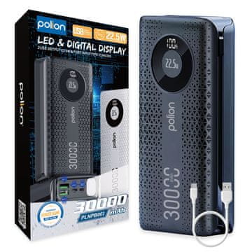 shumee Prenosna baterija 30000 mAh 22,5 W USB-C USB-A micro-USB LCD PD QC hitro polnjenje