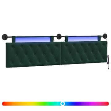 Vidaxl Viseče vzglavje postelje Z LED svetlobo Temno zelena Žamet