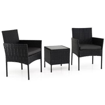 Northix 3-delni komplet vrtnega pohištva iz črnega ratana, oblazinjeni stoli, kaljeno steklo