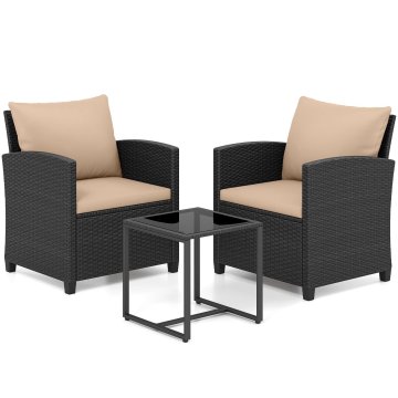Northix 3-delni komplet vrtnega pohištva iz ratana z blazinami, PE ratan, kovinski okvir, steklena miza
