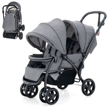 Northix Zložljiv voziček za dvojčke, nastavljivi sedeži, 16,3 kg, siva